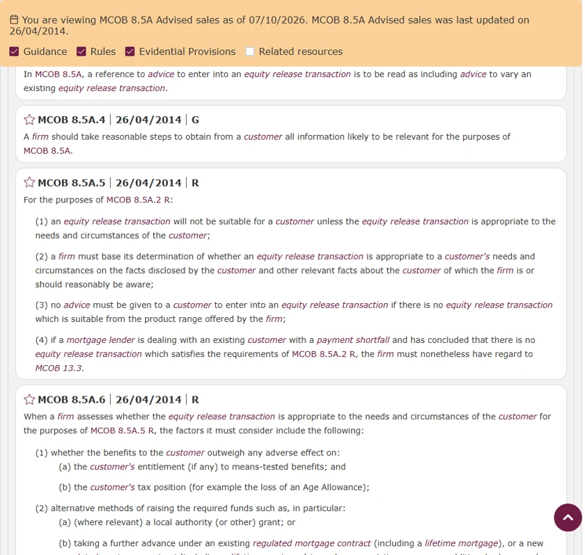FCA Handbook rule MCOB 8.5A.6 listing what an adviser must consider before recommending equity release